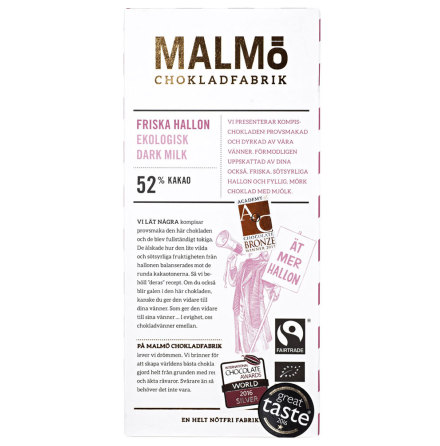 Friska hallon, mrk mjlkchoklad 52 % - Malm Chokladfabrik