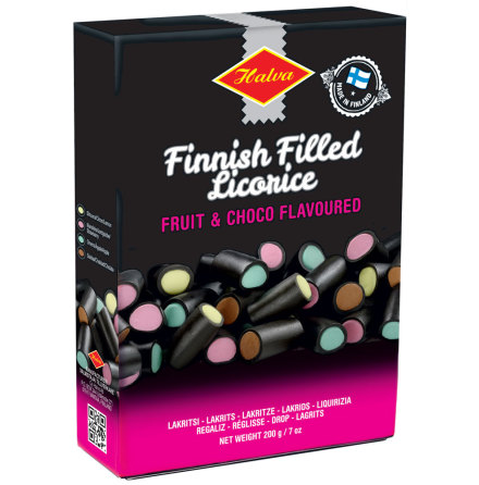 Fylld lakrits med smaker av jordgubb, pple, citron och choklad  Halva lakrits
