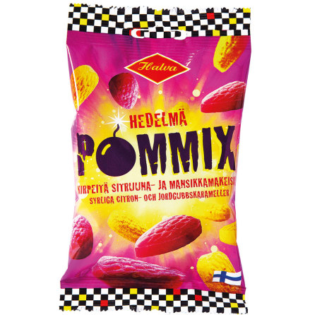 Hedelm Pommix  syrliga citron- och jordgubbskarameller  Halva lakrits