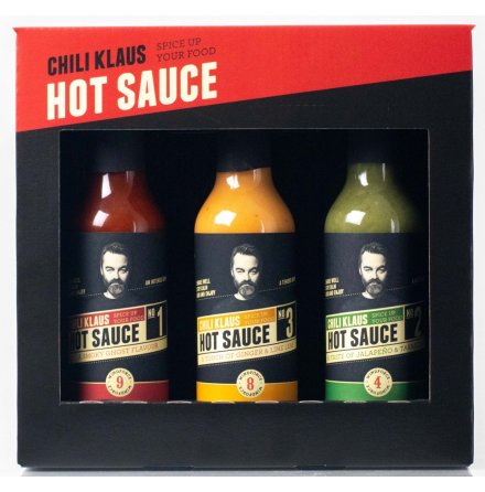 Presentförpackning heta såser / Hot Sauce – Ghost chili, Jalapeños, ingefära – Chili Klaus