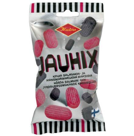 Jauhix – hårda karameller smak av salmiak & jordgubbar - Halva lakrits 