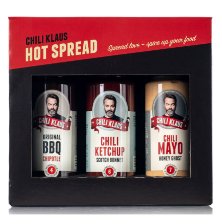 Hot Spread – presentförpackning BBQ, ketchup & majonnäs – Chili Klaus