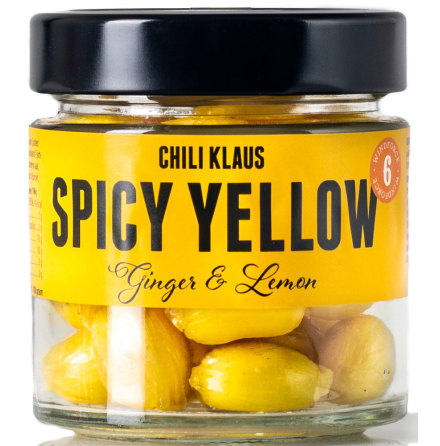 Spicy drops yellow  ingefrs & citronkaramell med vindstyrka 6  Chili Klaus