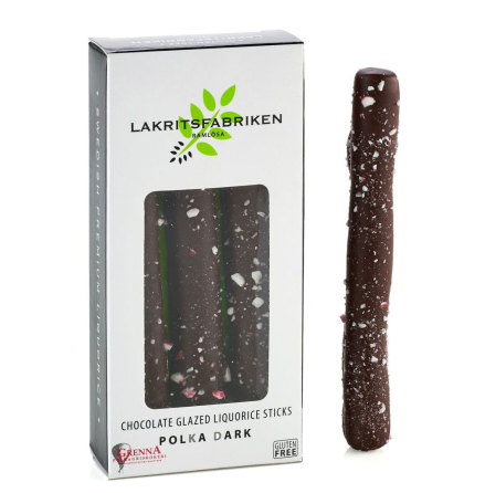 Saltlakritsstänger doppade i mörkchoklad som strösslats med polkagriskross – Lakritsfabriken Ramlösa