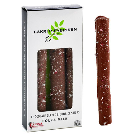 Saltlakritsstnger doppade i mjlkchoklad som strsslats med polkagriskross  Lakritsfabriken Ramlsa