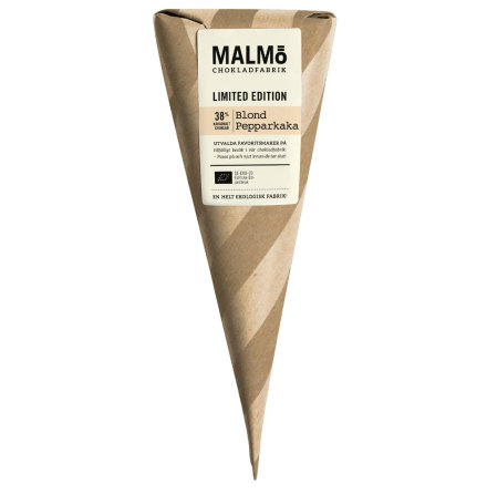 Blond Pepparkaka, ekologisk vit choklad 38 % kakao med smak av pepparkaka.  Malm Chokladfabrik
