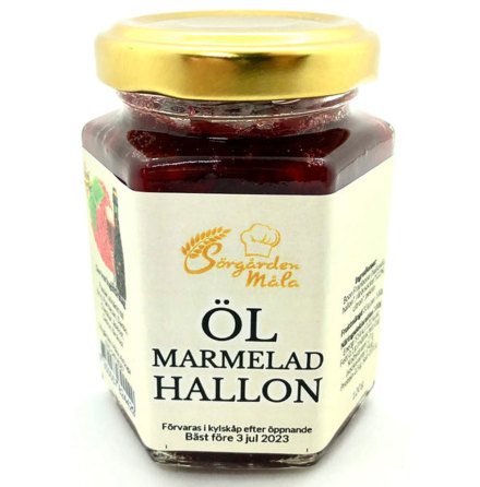 Öl-marmelad med hallon – Sörgården Måla  (bäst före 3/7-2023)