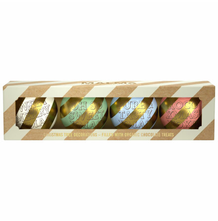 Julgranskulor 4-pack  lakrits & havssalt, apelsin & kanel, pron & kardemumma, lakrits & havssalt - Malm Chokladfabrik
