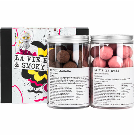 Presentlda La vie en rose & smoky banana, saltlakrits, choklad, hallon, rosos  Haupt Lakrits