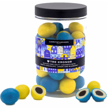 Tre kronor  glutenfri saltlakrits dragerad med vit choklad, blbr & citron  Lakritsfabriken Ramlsa