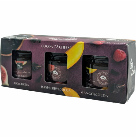 Presentask: ostmarmelader med kakao & smak av Hallon/Fikon/Mango � Can beach