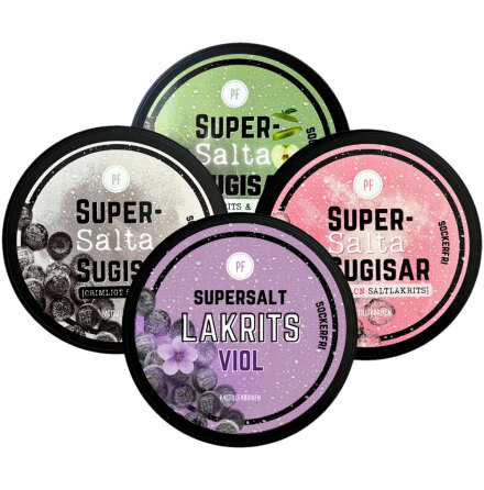 Sockerfria SuperSalt Smakpaket: Supersalt, hallon/lakrits, gr�nt �pple/saltlakrits, viol/lakrits - Pastillfabriken